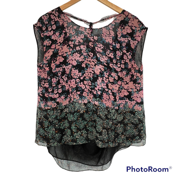 ELIZABETH and JAMES Silk Floral Cut-Out Back Blouse SZ S Black Multi Print - Picture 1 of 9